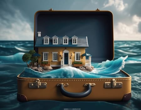 Suitcase with a house inside. Travel concept. AI illustration.