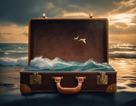 Concept, illustration. Suitcase on the shore. Generation of AI.