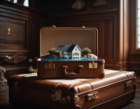 Suitcase with a house inside. Travel concept. AI illustration.