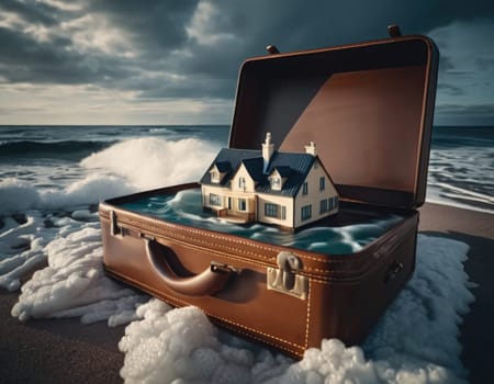 Suitcase with a house inside. Travel concept. AI illustration.