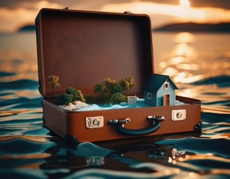 Suitcase with a house inside. Travel concept. AI illustration.