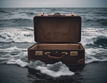 Concept, illustration. Suitcase on the shore. Generation of AI.