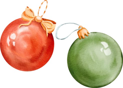 Set of creative christmas balls hand made insolated watercolor illustration. winter season. decorative background for pine tree, greeting card, bauble decorations, books. New Year holiday circle toy.