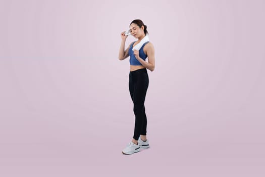 Full body asian woman in sportswear portrait, smiling and posing cheerful gesture. Workout training with attractive girl engage in her pursuit of healthy lifestyle. Isolated background Vigorous