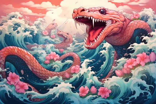 Dive into a fantastical realm where gigantic sea serpents, with their immense coils, slither through treacherous waters.