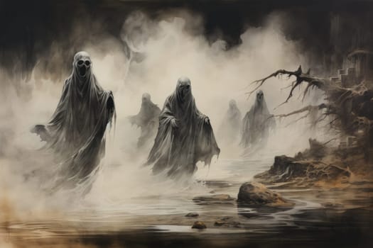 In the realm of fantasy, haunting ghostly apparitions are ethereal beings that exist between the world of the living and the realm of the dead.