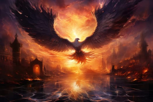 Embark on a mythical journey where ancient phoenixes, with their fiery plumage, rise triumphantly from ashes, embodying the cycle of rebirth and renewal.
