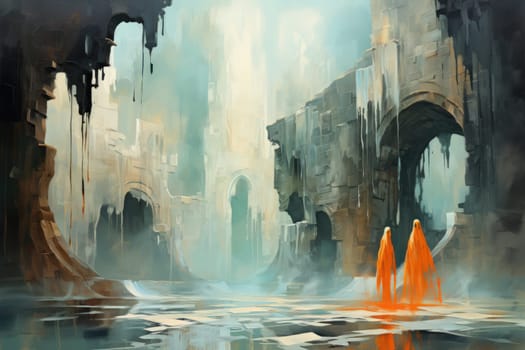 In the realm of fantasy, eerie and ethereal, ancient ruins and crumbling castles are shrouded in an unsettling atmosphere, haunted by ghostly apparitions.