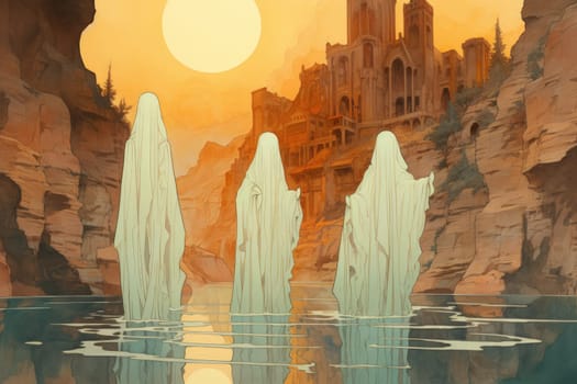 In the realm of fantasy, eerie and ethereal, ancient ruins and crumbling castles are shrouded in an unsettling atmosphere, haunted by ghostly apparitions.