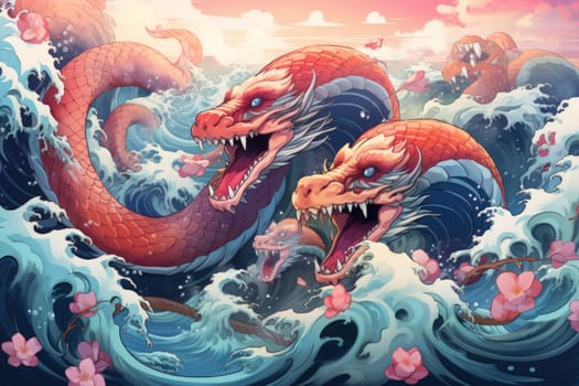 Dive into a fantastical realm where gigantic sea serpents, with their immense coils, slither through treacherous waters.