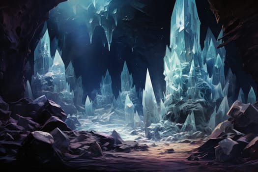 Deep within the realms of fantasy, mysterious icy caves hold untold treasures, guarded by glistening crystal golems.