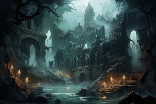 In the realm of fantasy, eerie and ethereal, ancient ruins and crumbling castles are shrouded in an unsettling atmosphere, haunted by ghostly apparitions.