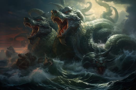 Dive into a fantastical realm where gigantic sea serpents, with their immense coils, slither through treacherous waters.