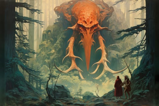 Embark on a fantastical journey where gargantuan giants, with their colossal stature, traverse the towering mountains with thunderous footsteps.