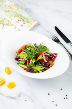 salad of greens, lettuce leaves, cucumbers, pink onions