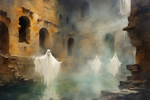 In the realm of fantasy, eerie and ethereal, ancient ruins and crumbling castles are shrouded in an unsettling atmosphere, haunted by ghostly apparitions.