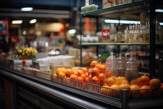 A large supermarket has a wide aisle full of fruit and vegetables, bright lighting from bulbs. Generative AI.