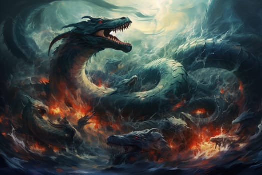 Dive into a fantastical realm where gigantic sea serpents, with their immense coils, slither through treacherous waters.