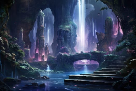 Enter a realm of enchantment where fantasy comes to life. Behold the mesmerizing sight of harmonious waterfalls adorned with radiant crystals.