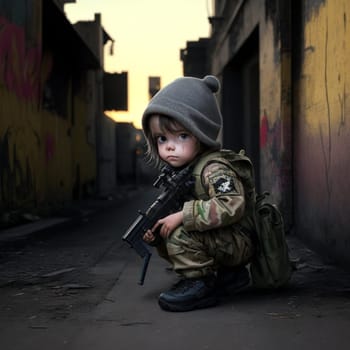 sad baby soldier guarding the front, combat position, green garment , weapons, urban decay, sunset, ai generative art .