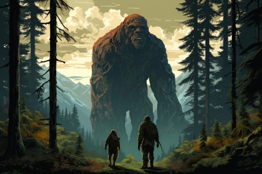 Embark on a fantastical journey where gargantuan giants, with their colossal stature, traverse the towering mountains with thunderous footsteps.