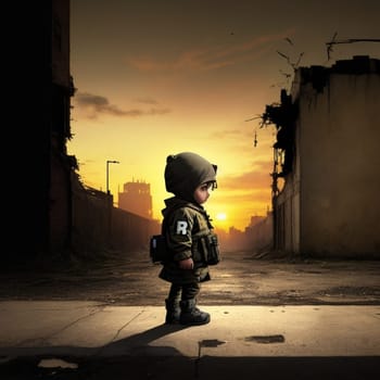 sad baby soldier guarding the front, combat position, green garment , weapons, urban decay, sunset, ai generative art .