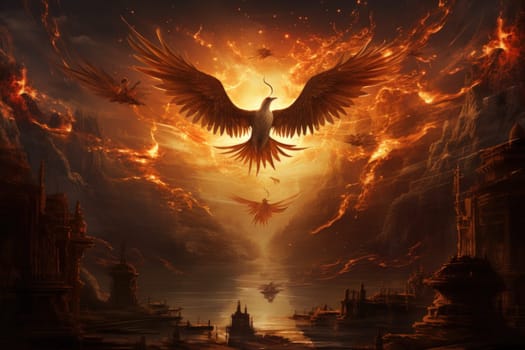 Embark on a mythical journey where ancient phoenixes, with their fiery plumage, rise triumphantly from ashes, embodying the cycle of rebirth and renewal.