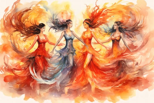 Within the realm of fantasy, elegant phoenix dancers grace the stage, their mesmerizing performances engulfed in flames.