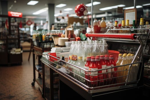 A large supermarket has a wide aisle full of fruit and vegetables, bright lighting from bulbs. Generative AI.