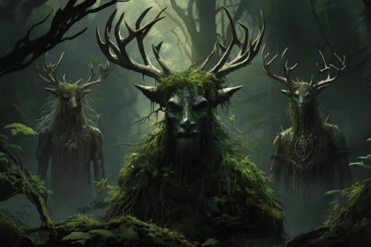 Deep within the mystical woodland realms of fantasy, ancient forest spirits stand as silent sentinels, their ethereal presence a testament to the wisdom and magic of the natural world.