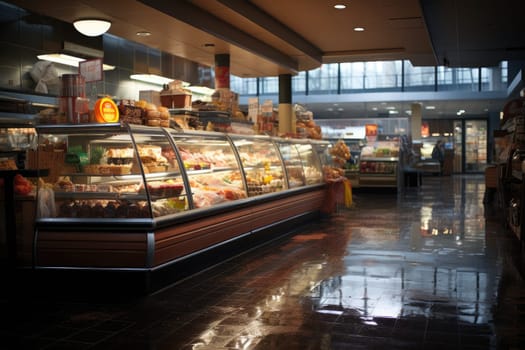 A large supermarket has a wide aisle full of fruit and vegetables, bright lighting from bulbs. Generative AI.