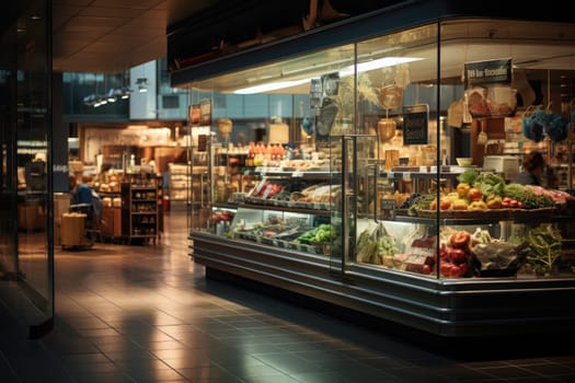 A large supermarket has a wide aisle full of fruit and vegetables, bright lighting from bulbs. Generative AI.