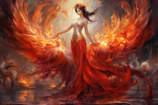 Within the realm of fantasy, elegant phoenix dancers grace the stage, their mesmerizing performances engulfed in flames.