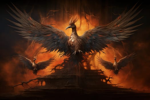 Embark on a mythical journey where ancient phoenixes, with their fiery plumage, rise triumphantly from ashes, embodying the cycle of rebirth and renewal.