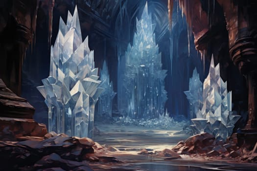 Deep within the realms of fantasy, mysterious icy caves hold untold treasures, guarded by glistening crystal golems.