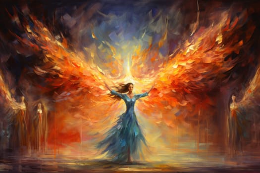 Within the realm of fantasy, elegant phoenix dancers grace the stage, their mesmerizing performances engulfed in flames.