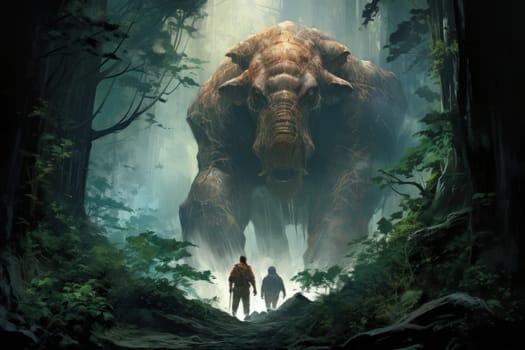 Embark on a fantastical journey where gargantuan giants, with their colossal stature, traverse the towering mountains with thunderous footsteps.