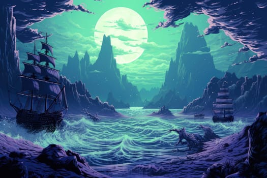 Embark on a haunting journey across the treacherous waters with this captivating illustration by a professional visual artist.