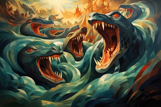 Dive into a fantastical realm where gigantic sea serpents, with their immense coils, slither through treacherous waters.