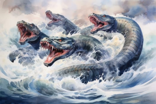 Dive into a fantastical realm where gigantic sea serpents, with their immense coils, slither through treacherous waters.