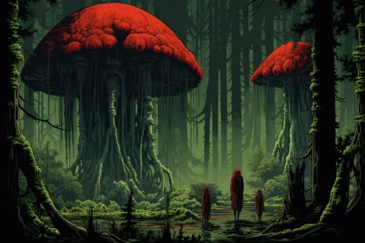 In the realm of fantasy, there exist mystical and enchanting places where giant talking mushrooms thrive in dense forest groves.