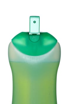Opened plastic bottle with soap or shampoo