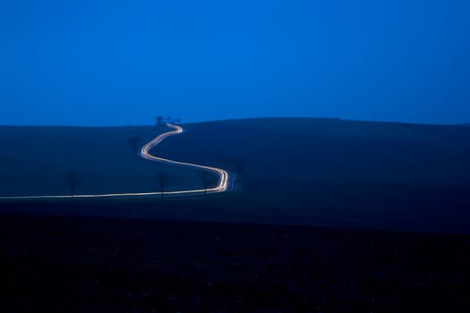 Road,Fields in Autumn Night