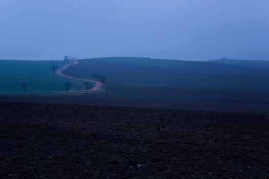 Road,Fields in Autumn Night