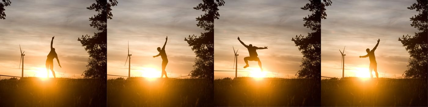 Man on the slackline in sunset