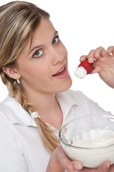 Healthy lifestyle series - Woman holding strawberry and yogurt