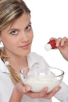 Healthy lifestyle series - Woman holding strawberry and yogurt