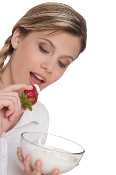 Healthy lifestyle series - Woman holding strawberry and yogurt