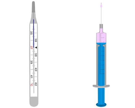 Clinical thermometer and syringe