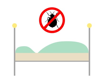 Prohibition sign for bed bugs over bed